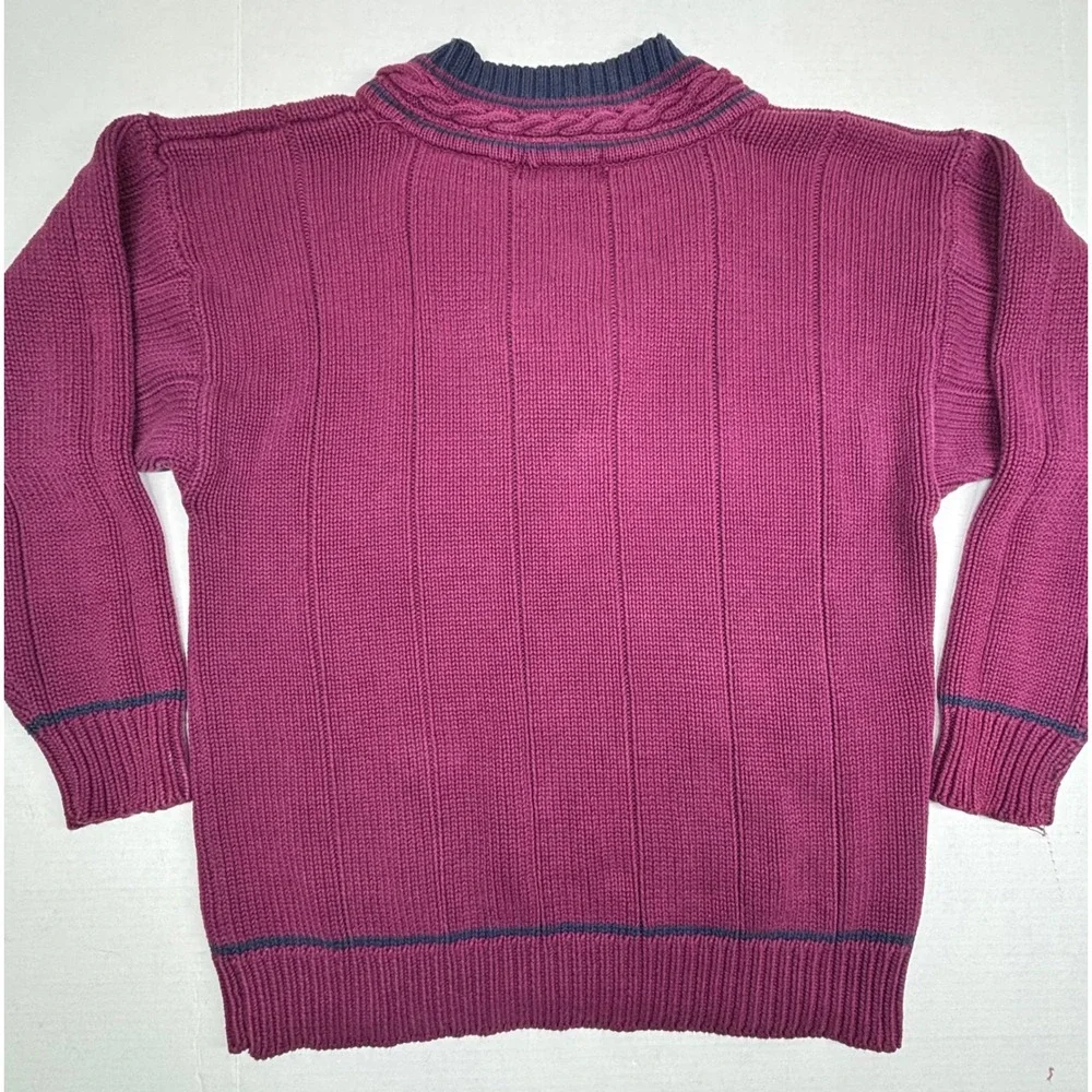 VTG John Ashford Mens Medium Cable Knit Sweater Burgundy V Neck Tennis Cotton EC